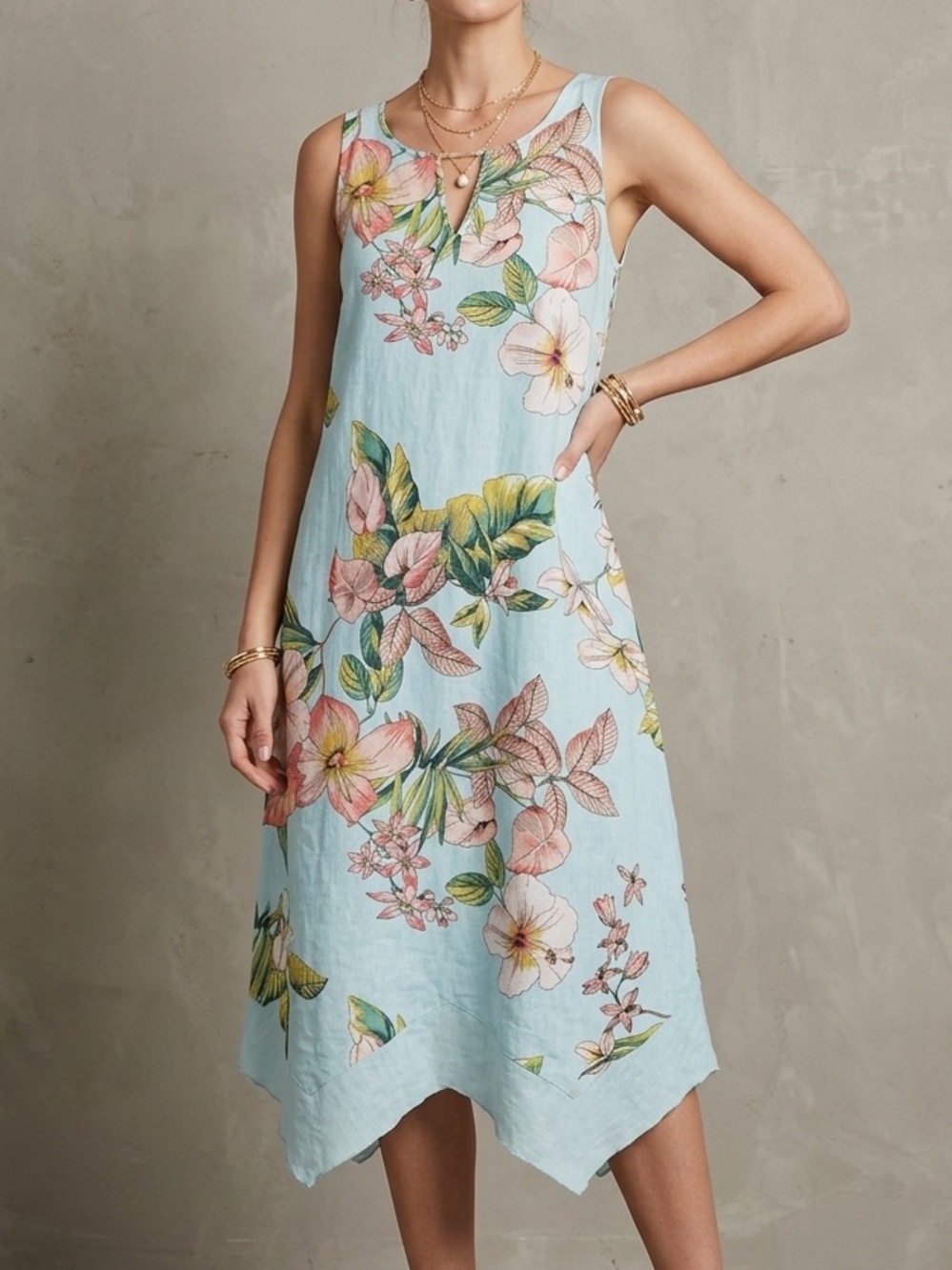For Cynthia Linen Blend Tropical Floral Sharkbite Midi Dress Light Blue Small